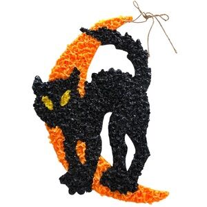 VINTAGE 60s 70s Halloween Black Cat with Moon Melted Plastic Popcorn Decoration